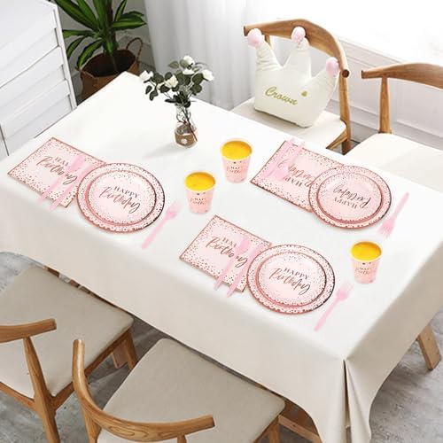 Pink Rose Gold Happy Birthday Party Plates, 168PCS Birthday Party Supplies