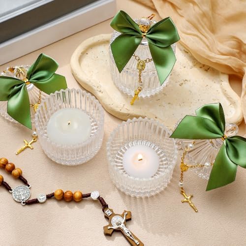Chuangdi 12 Sets 48 Pcs Baptism Favors for Guests Crystal Candy Bowl Gifts with 12 Pcs Cross Rosary for Baptism Decorations Wedding Baby Shower Supplies First Communion Party(Green)