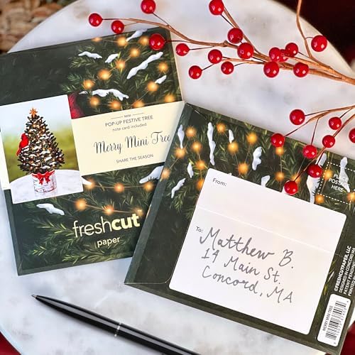 Freshcut Paper Pop Up Cards, Mini Merry Tree, 6 Inch Mini Sized Forever Flower Bouquet 3D Popup Greeting Cards, Christmas Card, Holiday Card, Blank Notecard & Envelope