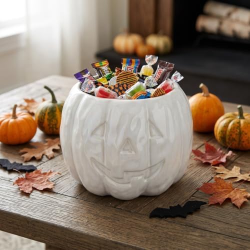Ceramic Pumpkin Halloween Candy Bowl, 6.5 x 4.7 in, White