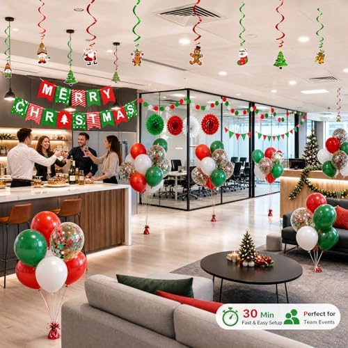 Fecedy MERRY CHRISTMAS Hanging Paper Banner Paper flower Fan Swirl Streamers Triangular Bunting Circle garland latex balloons Claus Banner For Merry Christmas Party Decorations