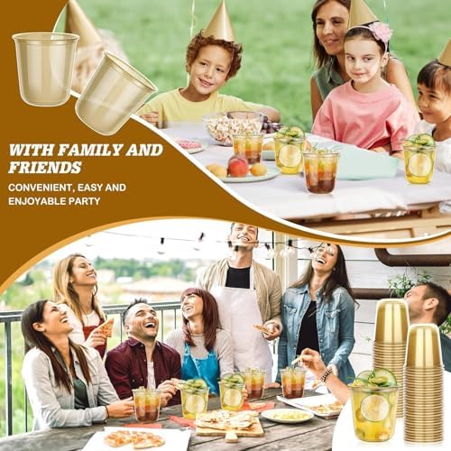 KesaPlan 100Pcs 12oz Gold Plastic Party Cups, Disposable Wine Cocktail Cups