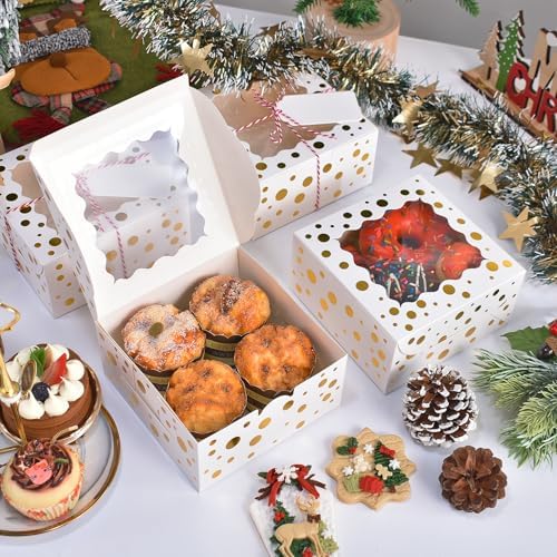 32Pcs 6x6x3 in Christmas Cookie Boxes with Window, White Gold