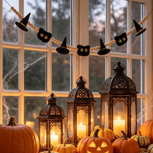 GreenD Halloween Garland 9.84FT Wood Bead Garland with Felt Witch Hats & Plush Cats, Handmade Indoor Hanging Decor for Living Room Window Neutral Farmhouse Cute Party Supplies