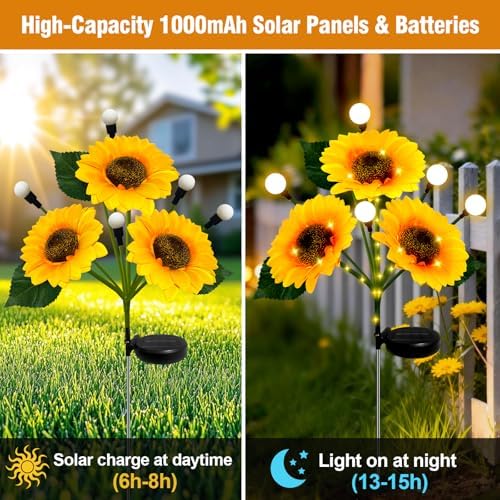 Sunflower Solar Lights Outdoor, 4 Pack Sunflowers with Firefly Lights, Waterproof Solar Flower Lights with 1000mAh Battery for Patio Porch Lawn, Gifts for Mom Women Grandma, Yard Decorations Outdoor