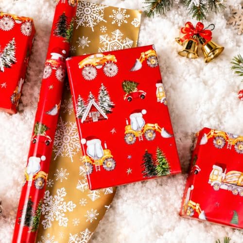Yarcony Kids Christmas Wrapping Paper, Red Construction Christmas Gift Wrap