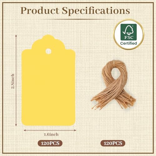 SallyFashion 120Pc Yellow Gift Tags with String, 1.6 X 2.8 inch