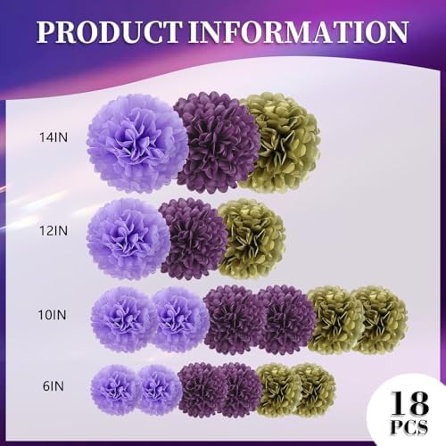 18 PCS Tissue Paper Pom Poms, Tissue Pom Poms Flowers, Sizes of 6", 10", 12", 14" Hanging Paper Flower Ball for Wedding, Birthday, Halloween, Christmas, Baby Shower Party Decor (Gold Purple)