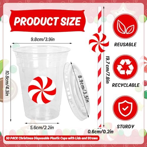 Whaline 50 Pcs 12 Oz Christmas Disposable Plastic Cups with Lids and Straws Red Peppermint Candy Cold Beverage Drinking Cups for Winter Xmas Birthday Party Supplies