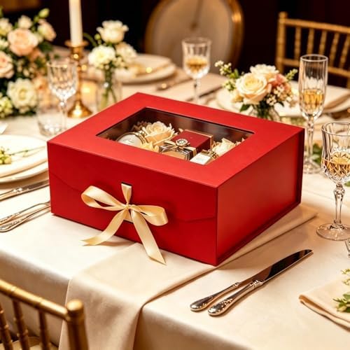 5 Pcs Red Gift Box for Presents with Ribbon 13.2x11x5.3 Inches Clear Gift Box with Window Magnetic Closure Gift Boxes with Lids
