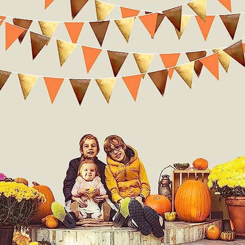 Fall Party Decorations Orange Gold Brown Metallic Fabric Triangle Pennant Banner Flag Bunting Garland for Autumn Fall Thanksgiving Wedding Birthday Bridal Shower Engagement Graduation Party Supplies