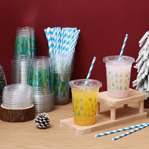 Funnymoom 50 Sets Christmas Disposable Plastic Cups Bulk with Lids Straws 16 oz Red Green Xmas Tree Plastic Cups Cold Beverage Drinking Container for Xmas Holiday Juice Hot Cold Drinks