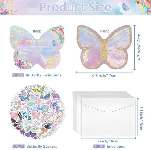 20 Sets Butterfly Birthday Invitations with Envelopes and Stickers for Girls Butterfly Theme Birthday Party,Baby Shower Wedding, 4.7 x 6 Inch