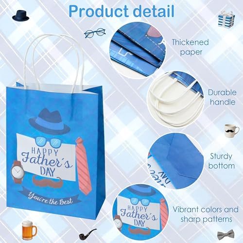 24 Pcs Fathers Day Gift Bags with Handles, 3 Unique Exquisite Designs, Bulk Decorative Daddy Gift Bags for Father's Day Party Favors Gift Wrapping Candy Packaging Holiday Celebration Supplies