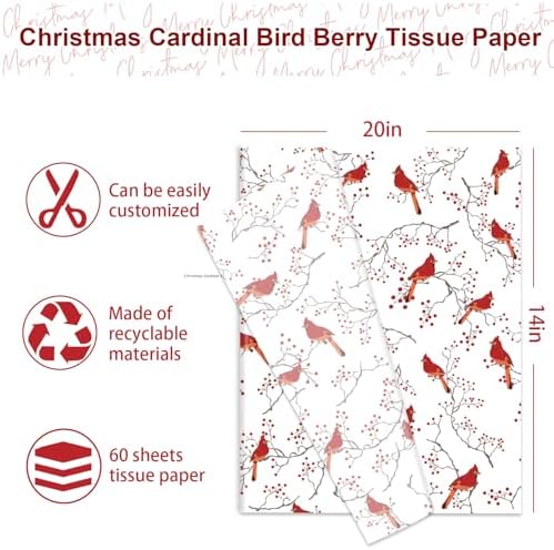 JarThenaAMCS 60 Sheets Christmas Tissue Paper Red Cardinal Bird Berry Gift Wrapping Paper Xmas DIY Art Crafts Tissue for Winter Holiday Birthday, 14 x 20 Inch