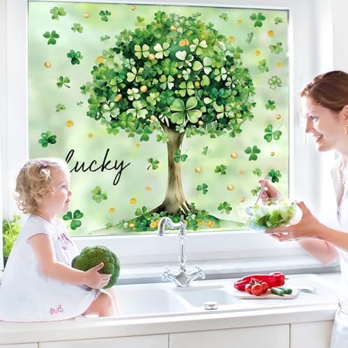 Whaline 6 Sheets St. Patrick' s Day Window Clings Large Lucky Clover Green Shamrock Tree Window Decal Reusable Anti-Collision Windows Decor for Irish Holiday Party Supplies