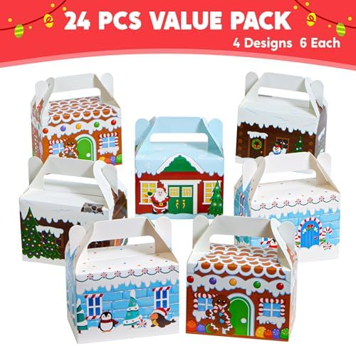 JOYIN 24 PCS 3D Christmas House Cardboard Treat Boxes for Holiday Xmas Goody Gift, Goodie Paper Boxes, School Classroom Party Favor Supplies, 4 Designs Candy Treat Cardboard Cookie Boxes