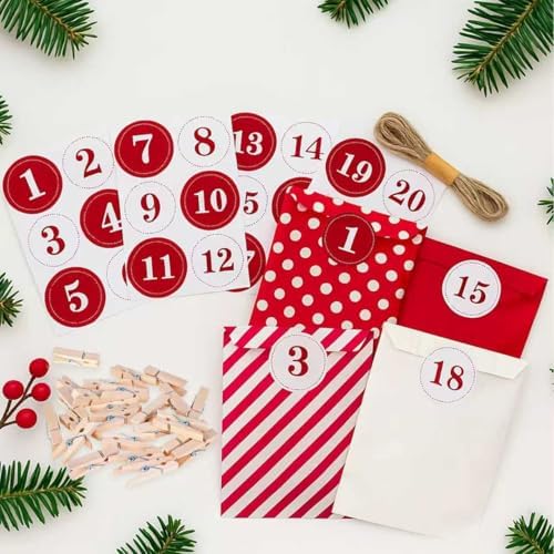 24 Pieces Advent Calendar Bags DIY Advent Calendars to Fill Christmas Kraft Treat Bags with 1-24 Countdown Numbers Stickers for Christmas Advent Calendar Countdown Decoration