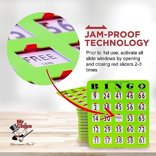 MR CHIPS Complete Bingo Game Set with Jam-Proof Shutter Cards – Easy Read Green Edition – 25 Reusable Large Print Bingo Cards with Sliding Windows, Master Board & Calling Cards – No Chips Needed