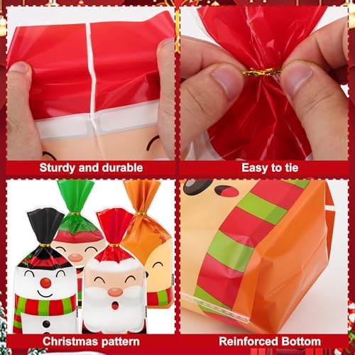 peony man 100 PCS Christmas Cellophane Treat Bags 5.1 x 9.1 Inch Christmas Plastic Candy Bag with Twist Ties 4 Styles Santa Claus Snowman Goodie Bags for Xmas Holiday Home Party Supplies