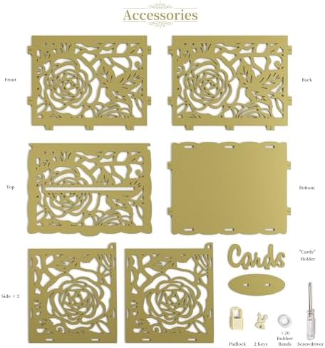 Jolik DIY Wedding Card Box, Large Rustic Locking Money Box Holder for Wedding Reception, Gift Card & Envelope Storage, Anniversary & Birthday Party Decoration, Bridal or Baby Showers (Gold)