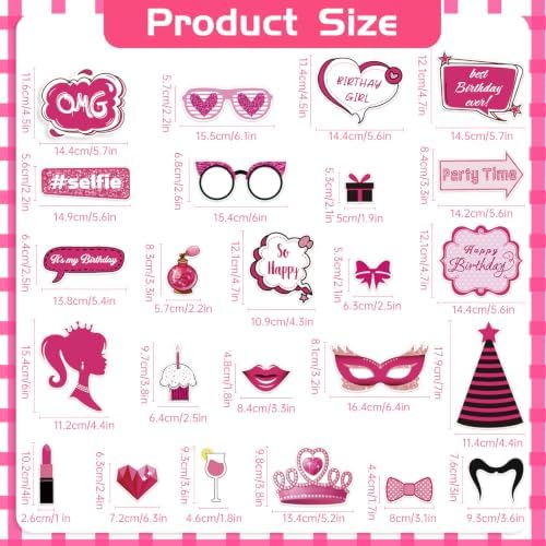 24 Pcs Pink Girls Birthday Photo Booth Props Kit - Hot Pink Princess Birthday Party Photo Booth Props Set, Sweet 16 18 21 30 40 50 or Any Other Bday Party Party Deco