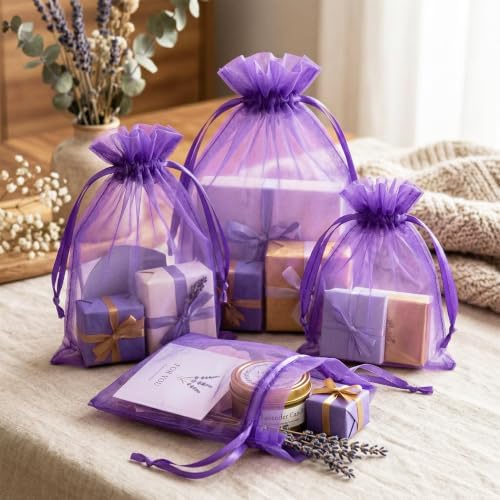 FUNFERY 100PCS Purple Organza Gift Bags 6x9in,Drawstring Pouch for Jewelry