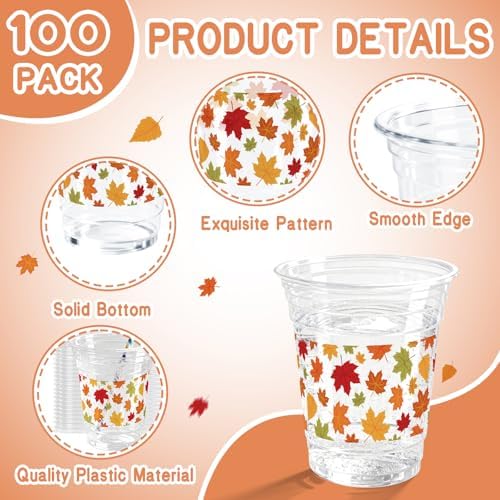 100 Pcs Fall Plastic Cups 12oz Maple Leaf Clear Disposable Plastic Cups for Harvest Autumn Fall Thanksgiving Birthday Party Supplies