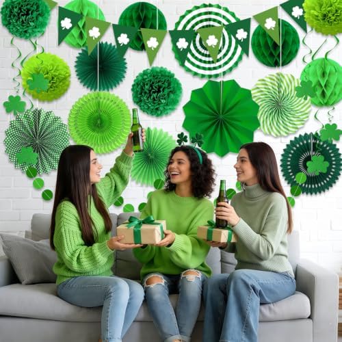 24 Pcs Green Birthday Decorations Kit, Paper Fans Pom Poms Banner 8-16 in