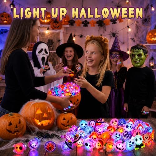 Tiaxidex 100PCS Halloween Treats Light Up LED Rings, Non Candy Halloween Trick or Treats 3D Flashing Rings Toys Glow In the Dark Party Favor Ring Toy Gifts For Kids Adults Goodie Bag Stuffers