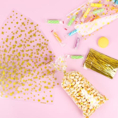 DIYASY 180 Pcs Gold Star Cellophane Treat Bags, 5 X 11 Inches Plastic Star Printed Candy Gift Bag Clear Food Snack Bags with Twist Ties for Goody Cookies Party Favor Supplies