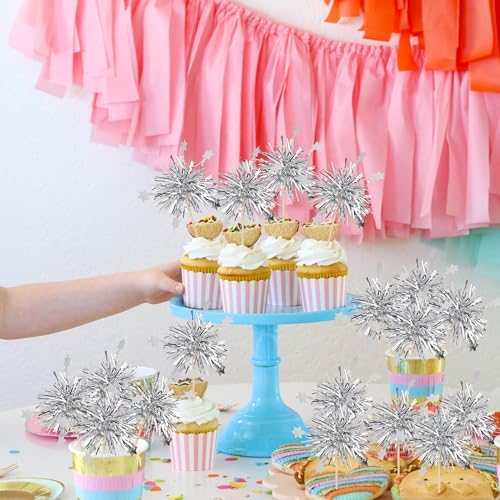 30 PCS Foil Firework Cupcake Toppers Star Cupcake Picks Sparkle Tinsel Flower Drink Stirrers Cocktail Food Fruit Toothpicks for Valentine's Day Birthday Party Cake Decorations Supplies Silver