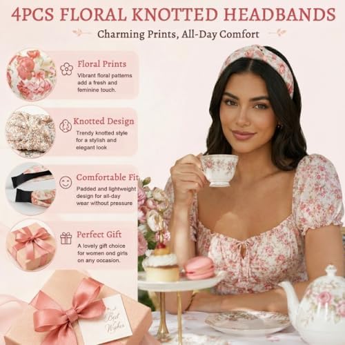 Huachi Headbands for Women Trendy Styles: Boho Knotted Headbands Floral Print, Cute Top Knot Head Bands for Girls for Summer Vacation Gifts 4PCS