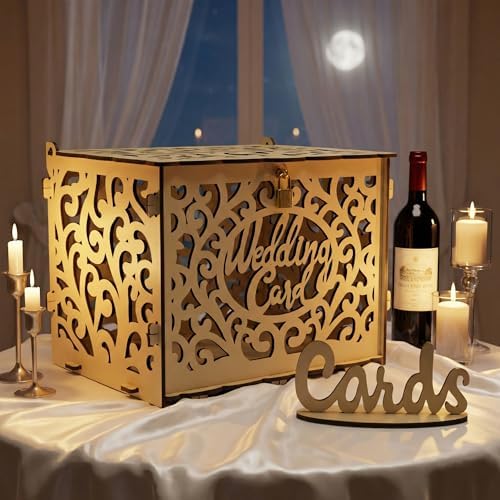 Jolik Wedding Card Box with Sign, Large Rustic Locking Money Box Holder for Wedding Reception, Gift Card & Envelope Storage, DIY Anniversary & Birthday Party Decoration (Yellow)