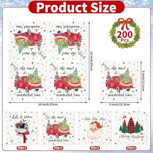 NatNarr 200 Pcs Christmas Cocktail Napkins, 5x5" Christmas Paper Napkins Xmas Tree Santa Snowman Decoupage Napkins Disposable Holiday Napkins for Winter New Year Party