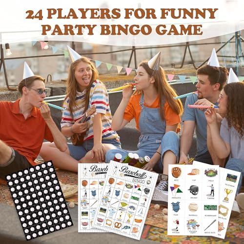 Baseball Bingo Game, Sport Bingo Cards Set, Birthday Party Bingo Supplies for Adults, Family Friends Activities Favors Decorations for 24 Player, 01
