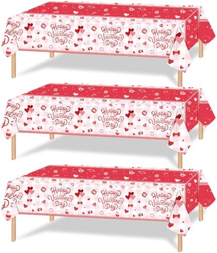 3-Piece 54 x 108 Inch Valentine’s Day Plastic Tablecloth – Red and White Disposable Rectangle Table Covers for Romantic Dinners, Parties, and Celebrations