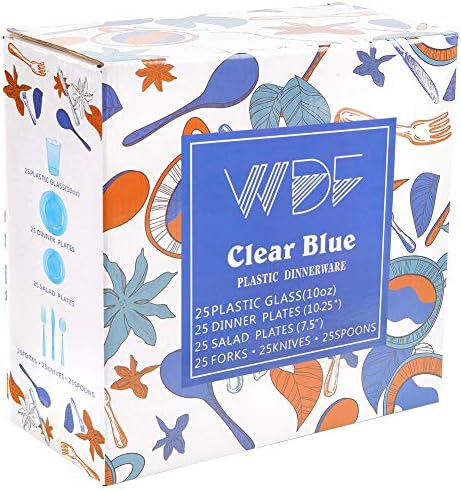 WDF 25 Guest Blue Plates with Disposable Silverware&Blue Cups-Neon Clear Plastic Dinnerware include 25 Dinner &Salad Plates,25Forks, 25 Knives, 25 Spoons,25 Cups for Graduation (Pack of 2)