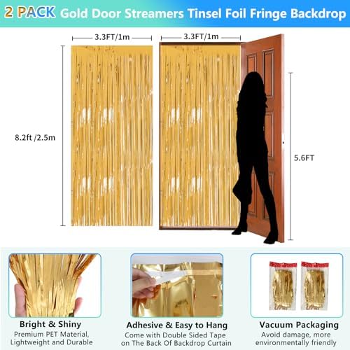2 Pack 3.3x8.2 FT Gold Backdrop Birthday Decorations Foil Tinsel Curtain Gold Dooor Streamers Party Hanging Decorations Photo Booth Props for Birthday Graduation Bachelorette Christmas New Years Eve