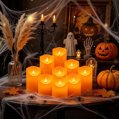 Nimiko Flameless Candles with Remote, Battery Operated Flickering Flameless Candles, LED Candles with Timer 2/4/6/8H, with Realistic LED Candles Set of 9 (D3 x H 3" 4" 5" 6" 7") (Orange)