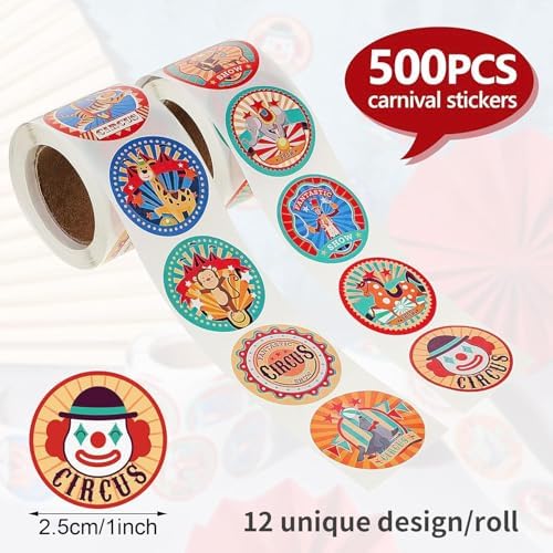 500PCS Circus Stickers Roll 1 Inch Carnival Themed Stickers Round Circus Animal Decals for Kids Birthday Party Favors Scrapbooking Crafts Reward Labels Teens Adults Classroom Teacher Supplies Decor