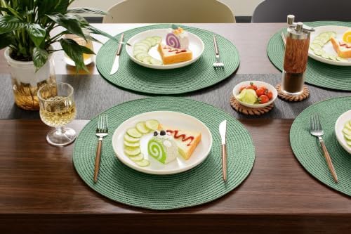 FunWheat Round Braided Placemats Set of 12 Place Mats for Dining Table Woven Washable Non-Slip Table Mats 15 Inch(Green,12pcs)