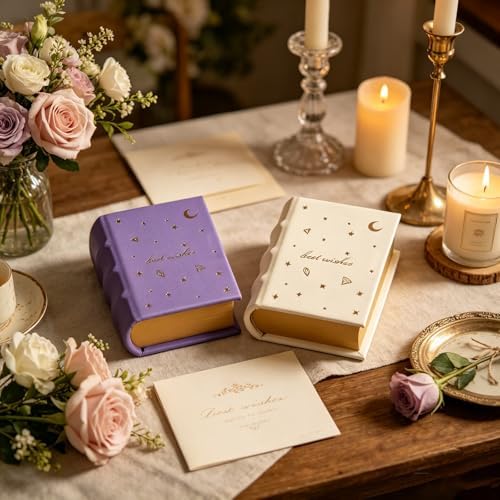 Book Shaped Ring Box - Vintage Engagement Ring Box with Hinged Lid for Proposal Engagement Wedding, Proposal Ring Case -PRB026-Purple