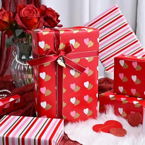 MAYPLUSS Reversible Valentine's Day Wrapping Paper Roll - 17 Inch X 33 Feet - Red Gold Foil Double Love Heart Design Lover Gift Wrap for Valentine’s Day, Birthdays, Wedding, Anniversaries and Holiday