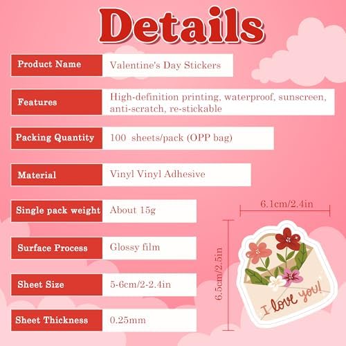 OHOME Valentines Stickers - 100 PCS Heart Stickers for Kids Classroom School - Valentines Day Crafts Gifts Treats Decor Cards Scrapbooking Decorations Supplies - Valentine's Party Favors