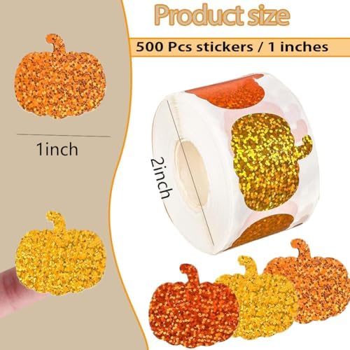 500Pcs Fall Thanksgiving Pumpkin Stickers Roll - Laser Pumpkin Shaped Self-Adhesive Stickers, 3 Orange Sparkly Waterproof Decals for Easter Autumn Party Cards Seal Envelopes Supplies Scrapbook Decor