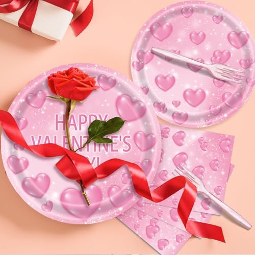 96 Pieces Valentine’s Day Tableware Set – Pink Heart Disposable Plates and Napkins for Romantic Dinners, Weddings, Anniversaries, and Valentine Parties – Serves 24 Guests