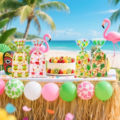 50Pcs Hawaiian Tropical Cellophane Treat Bags - 5x11 Inch Pineapple Flamingo Goodie Bags with 60 Twist Ties, Clear Plastic Candy Bag for Luau Beach Summer Party Favors, Tiki Bar & Jungle Theme Supply