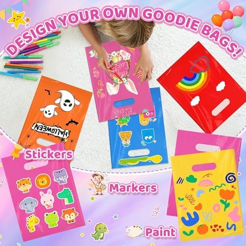 VieFantaisie 50 PCS Hot Pink Party Favor Bags, 8" x 11" Goodie Bags for Candy Treat Craft Easter Egg, Plastic Gift Bag with Die Cut Handles for Birthday Party, School Events & Small Business, Wedding
