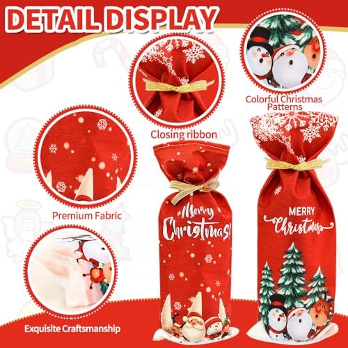 Yahpetes Christmas Wine Bottle Bag 2Pcs Xmas Gift Bags Santa Clause, Snowman Red Wine Bottle Cover Bags with Drawstring for Christmas Party Decorations
